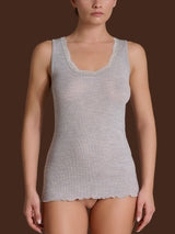 Lana Seta - Canottiera spalla larga in costina di lana e seta con pizzo Neri Donna - Ragno