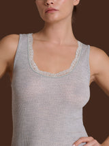 Lana Seta - Canottiera spalla larga in costina di lana e seta con pizzo Neri Donna - Ragno