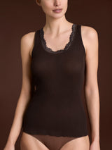 Lana Seta - Canottiera spalla larga in costina di lana e seta con pizzo Marroni Donna - Ragno