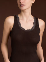 Lana Seta - Canottiera spalla larga in costina di lana e seta con pizzo Marroni Donna - Ragno