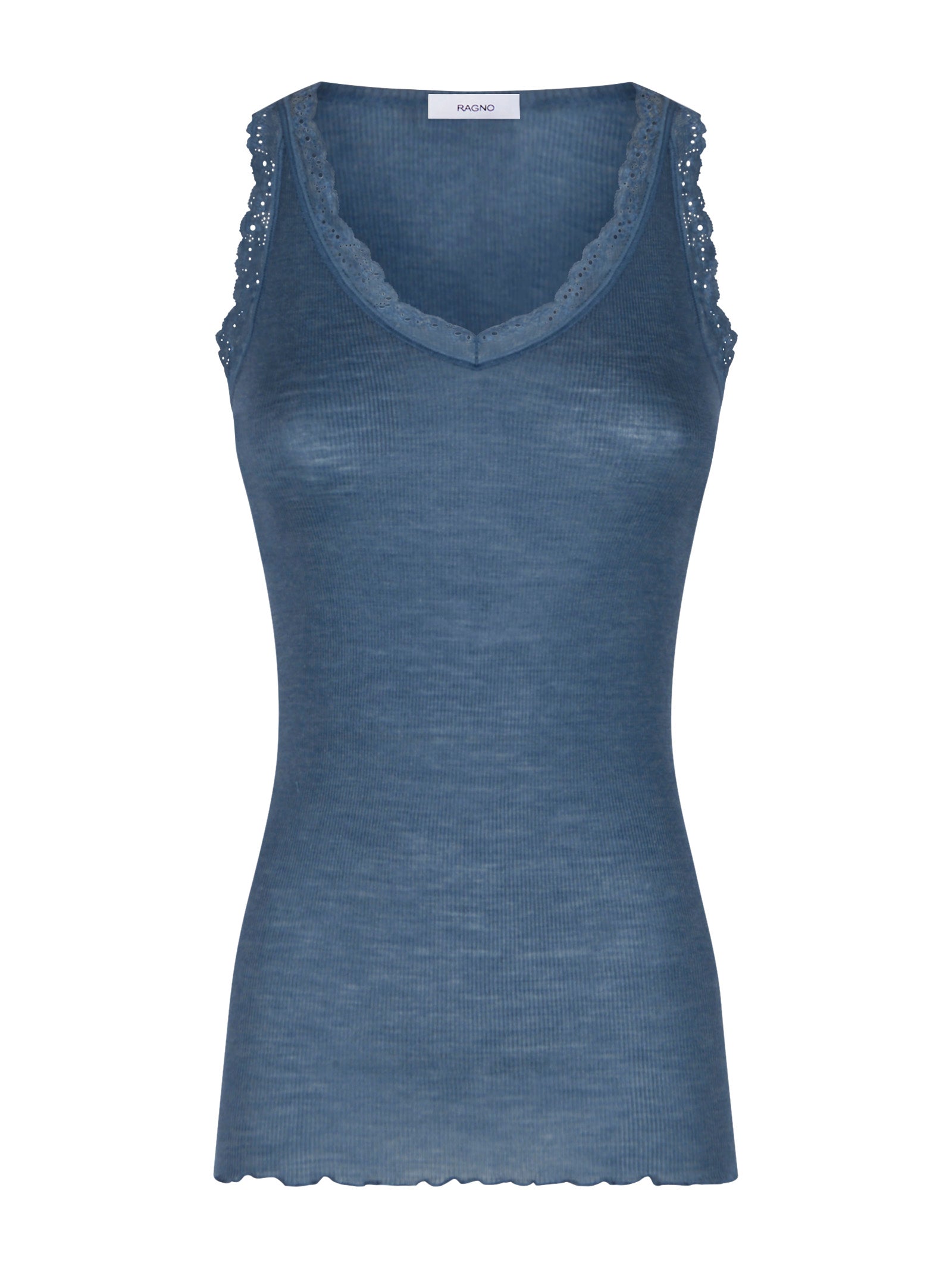 Merino Seta - Canottiera scollo a V in lana e seta con pizzo Blu Donna - Ragno