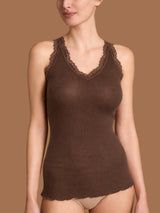 Merino Seta - Canottiera scollo a V in lana e seta con pizzo Marroni Donna - Ragno