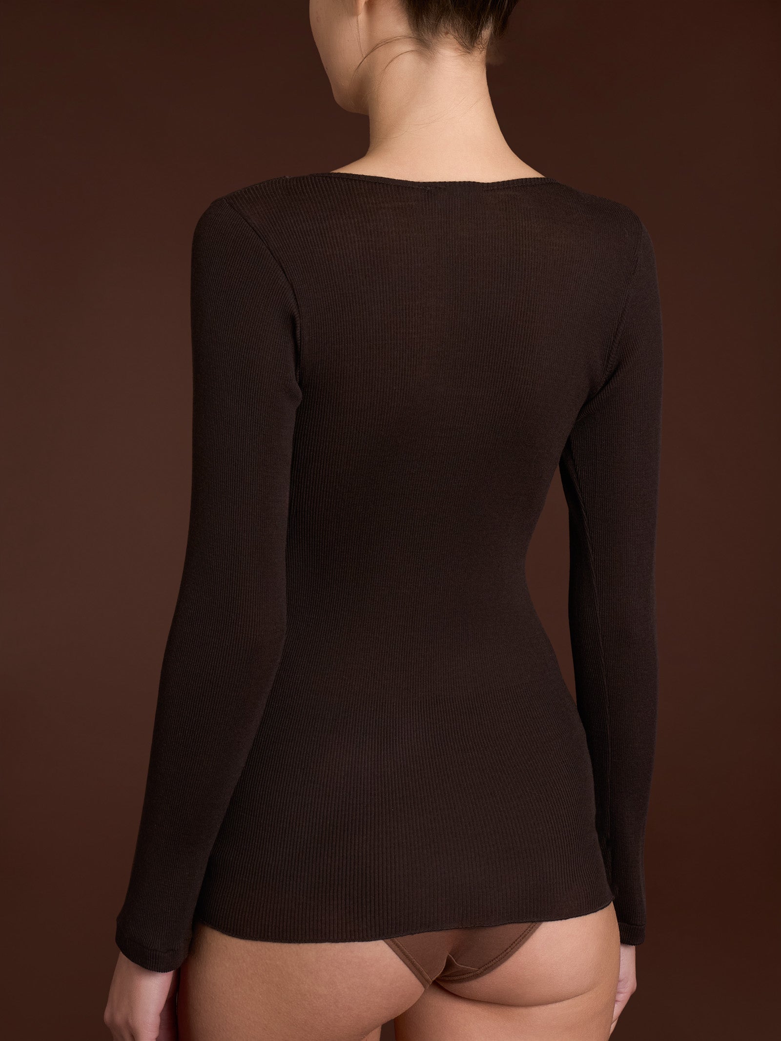 Lana Seta - Maglietta a manica lunga in costina di lana e seta con pizzo Blu Donna - Ragno