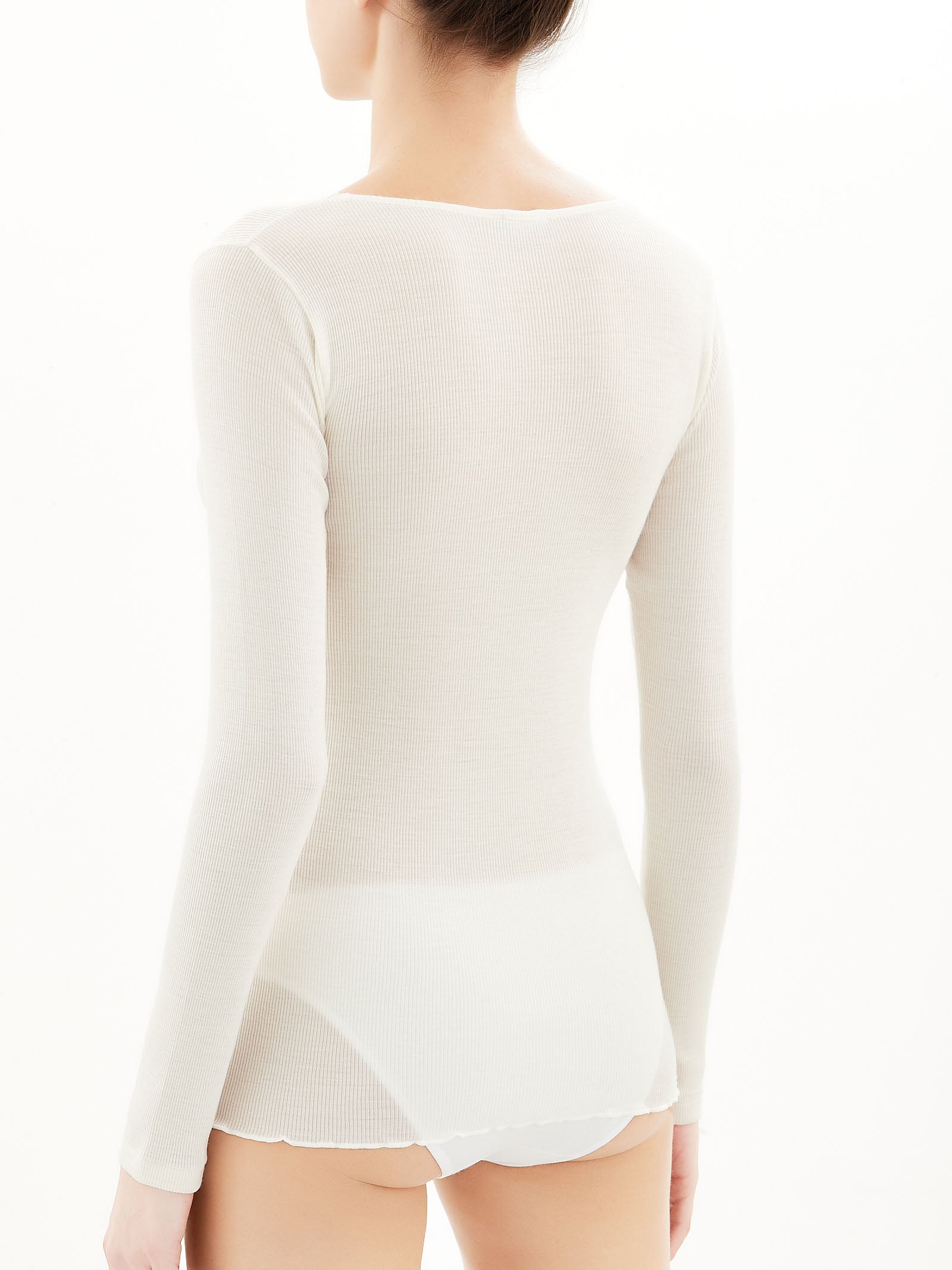 Lana Seta - Maglietta a manica lunga in costina di lana e seta con pizzo Blu Donna - Ragno