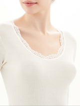 Lana Seta - Maglietta a manica lunga in costina di lana e seta con pizzo Blu Donna - Ragno