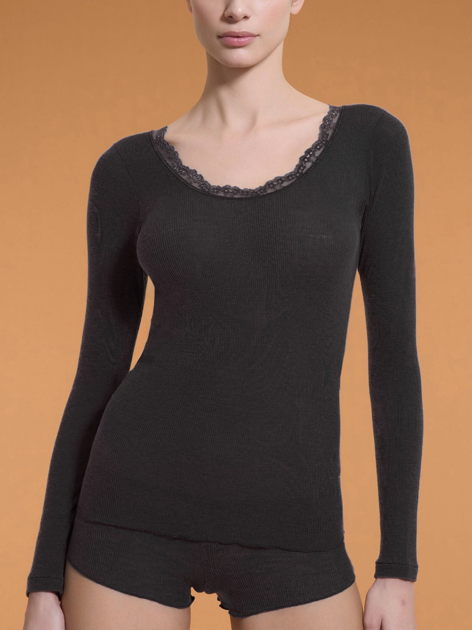 Lana Seta - Maglietta a manica lunga in costina di lana e seta con pizzo Neri Donna - Ragno