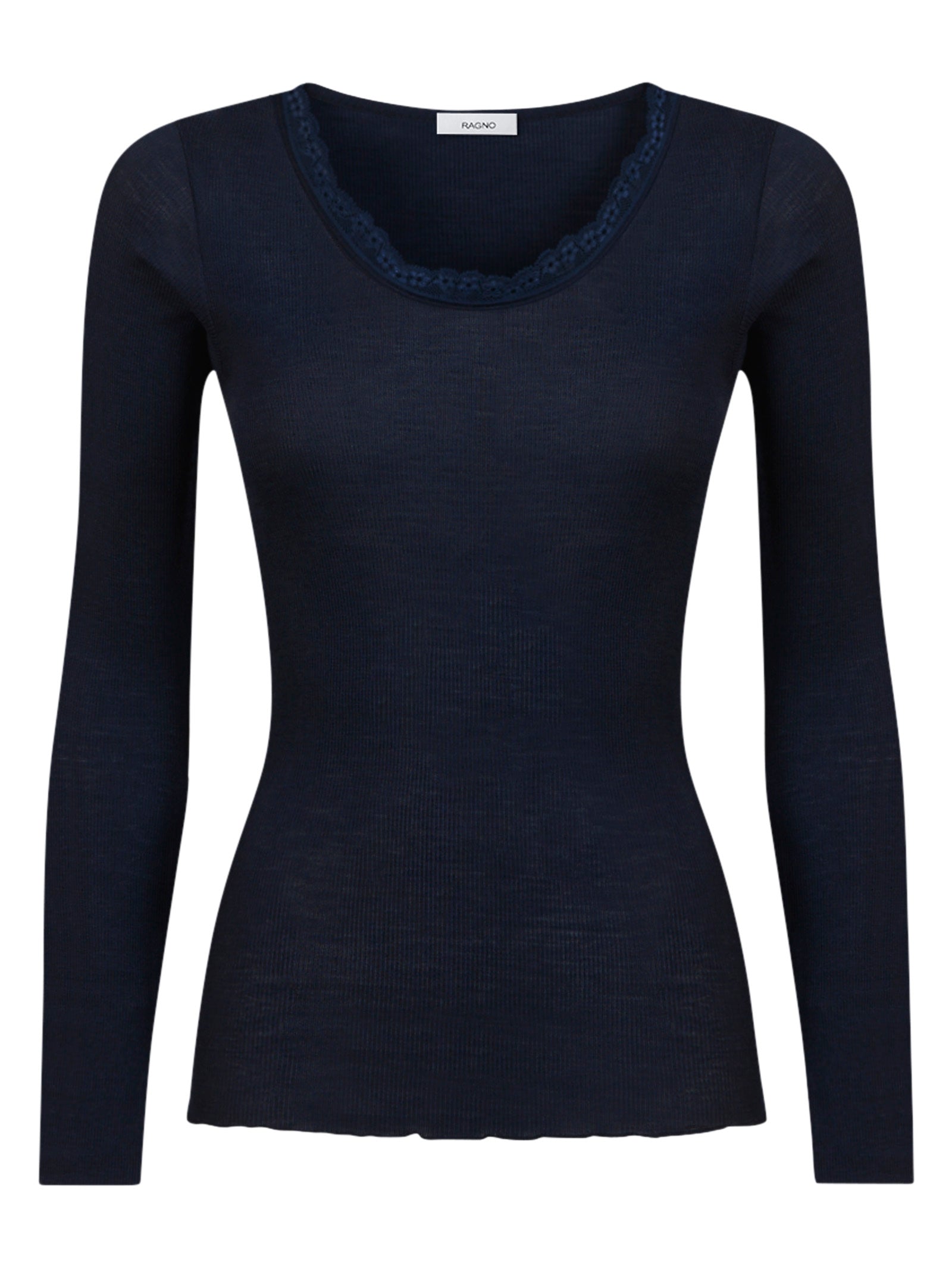 Lana Seta - Maglietta a manica lunga in costina di lana e seta con pizzo Blu Donna - Ragno