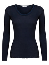 Lana Seta - Maglietta a manica lunga in costina di lana e seta con pizzo Blu Donna - Ragno