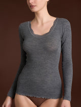 Lana Seta - Maglietta a manica lunga in costina di lana e seta con pizzo Neri Donna - Ragno