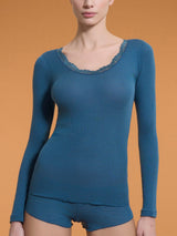 Lana Seta - Maglietta a manica lunga in costina di lana e seta con pizzo Blu Donna - Ragno