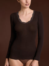 Lana Seta - Maglietta a manica lunga in costina di lana e seta con pizzo Marroni Donna - Ragno