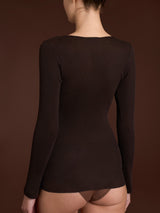 Lana Seta - Maglietta a manica lunga in costina di lana e seta con pizzo Marroni Donna - Ragno