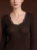 Lana Seta - Maglietta a manica lunga in costina di lana e seta con pizzo Marroni Donna - Ragno