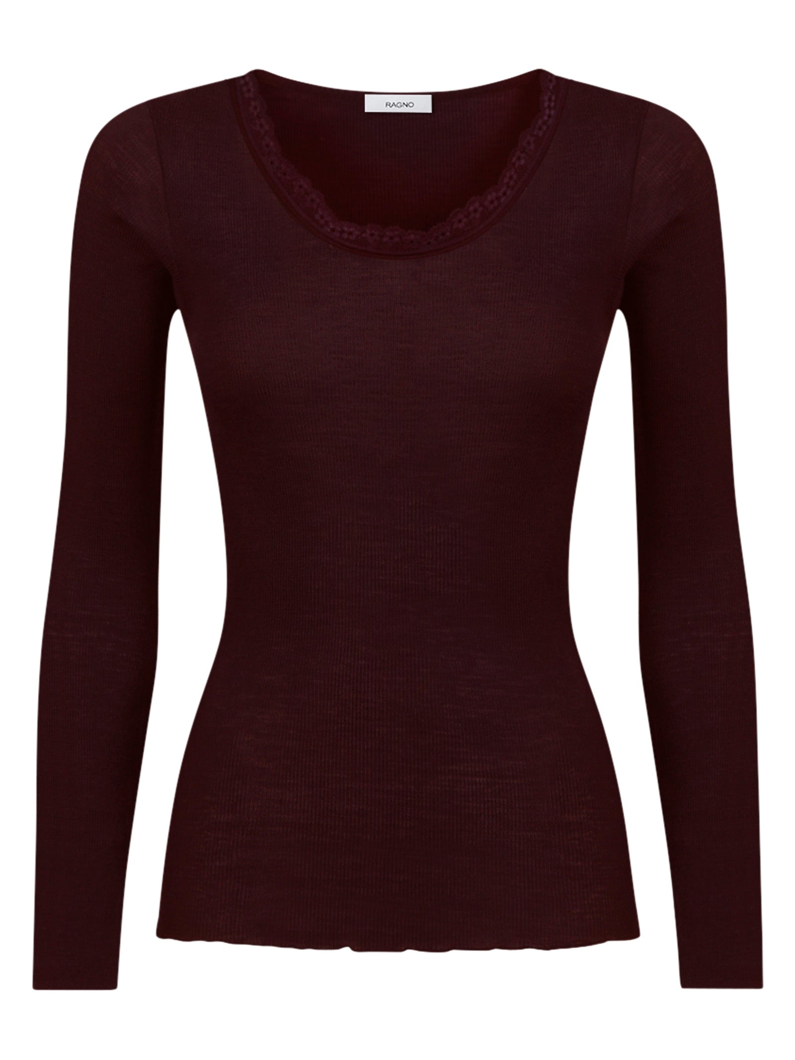 Lana Seta - Maglietta a manica lunga in costina di lana e seta con pizzo Marroni Donna - Ragno