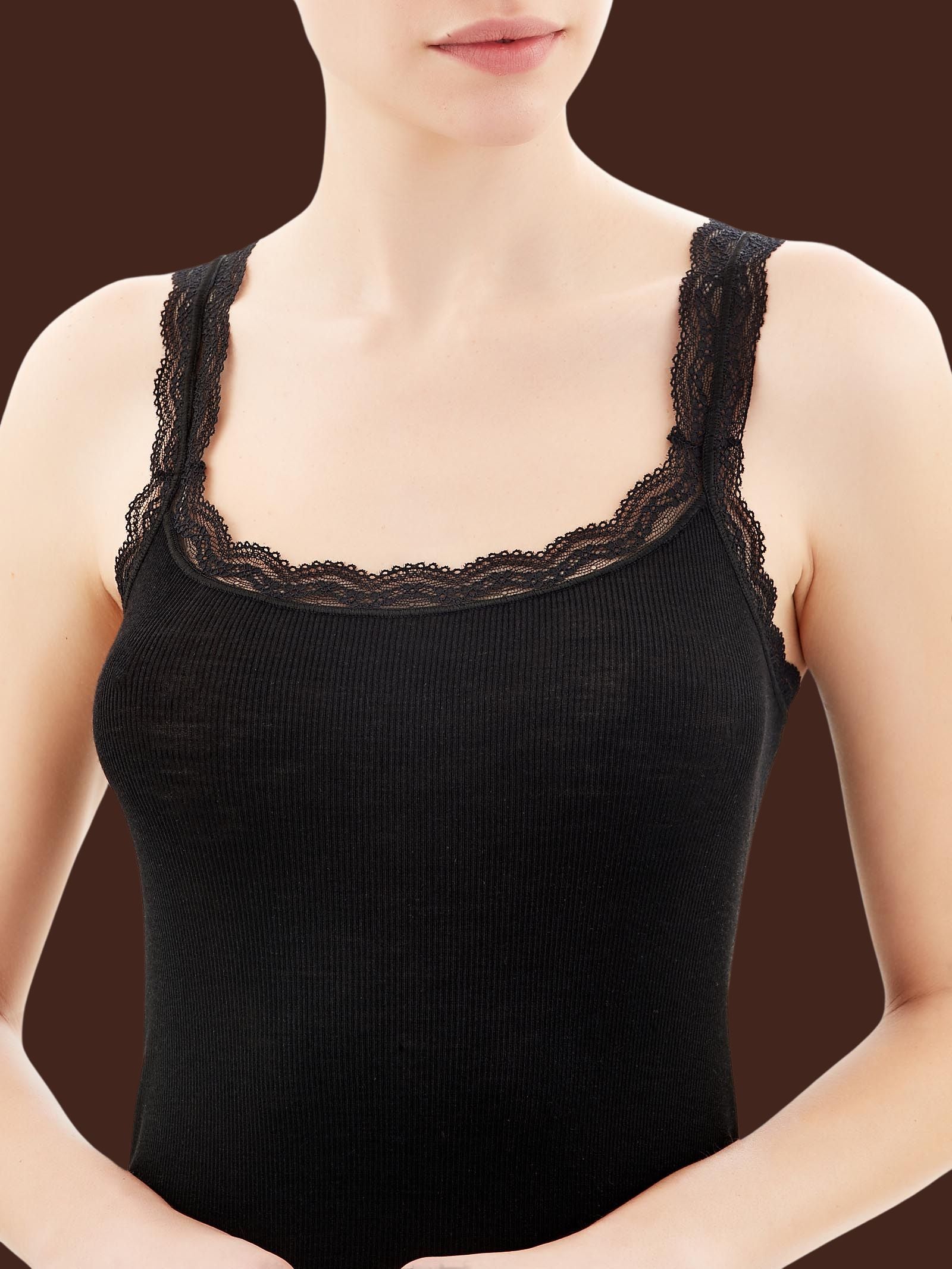 Lana Seta - Canottiera spalla stretta in costina di lana e seta con pizzo Blu Donna - Ragno