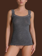 Lana Seta - Canottiera spalla stretta in costina di lana e seta con pizzo Neri Donna - Ragno