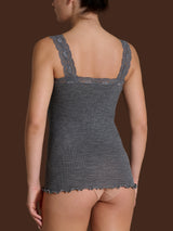 Lana Seta - Canottiera spalla stretta in costina di lana e seta con pizzo Neri Donna - Ragno