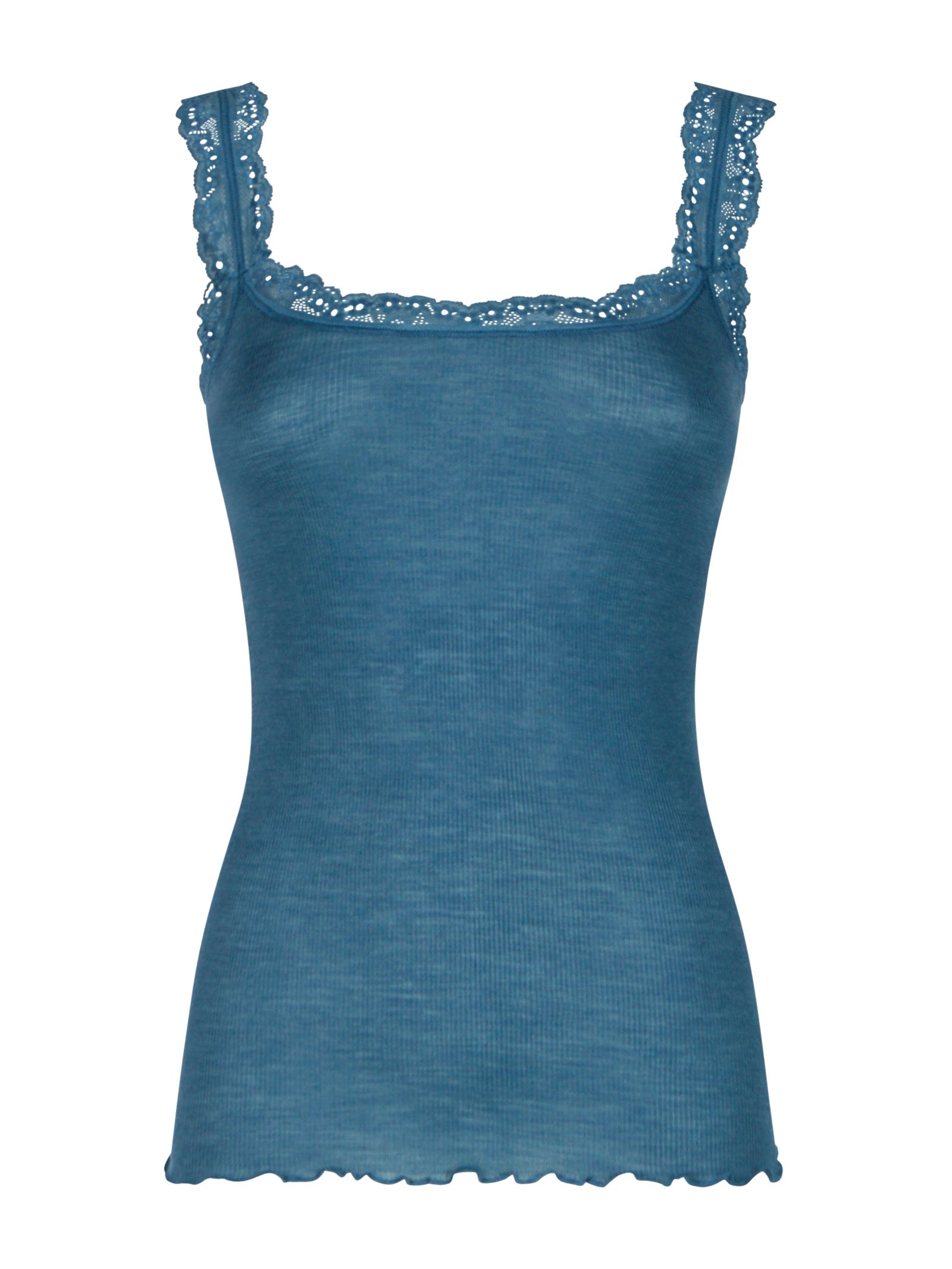 Lana Seta - Canottiera spalla stretta in costina di lana e seta con pizzo Blu Donna - Ragno