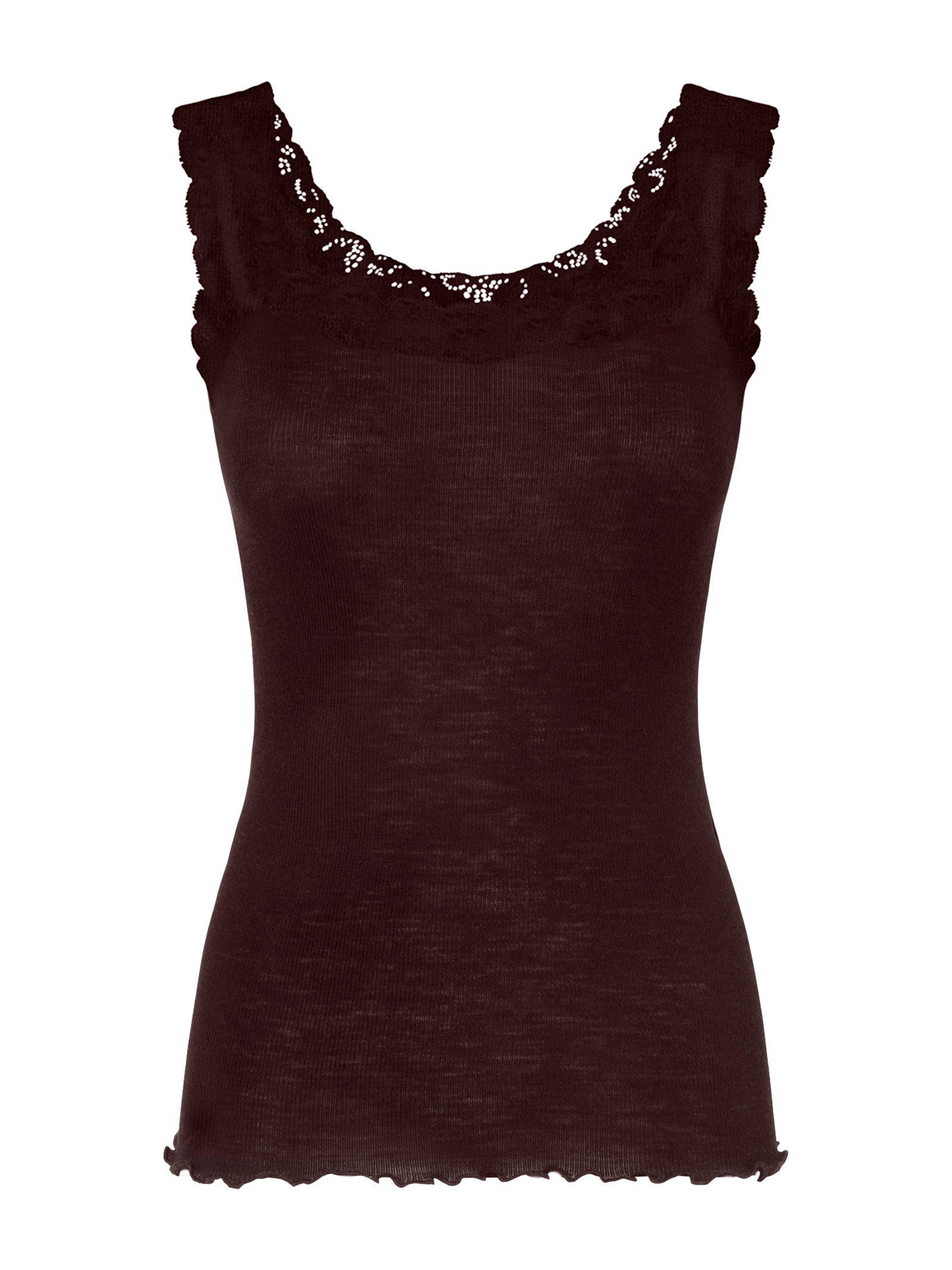 Lana Seta - Canottiera spalla stretta in costina di lana e seta con pizzo Marroni Donna - Ragno