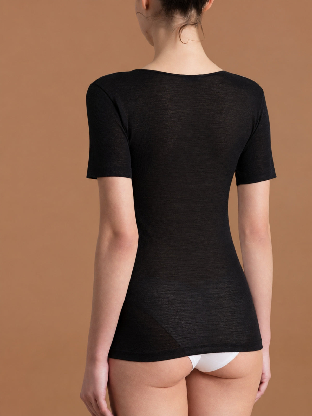 Lana Seta - Maglietta a manica corta in lana e seta con macramè Neri Donna - Ragno