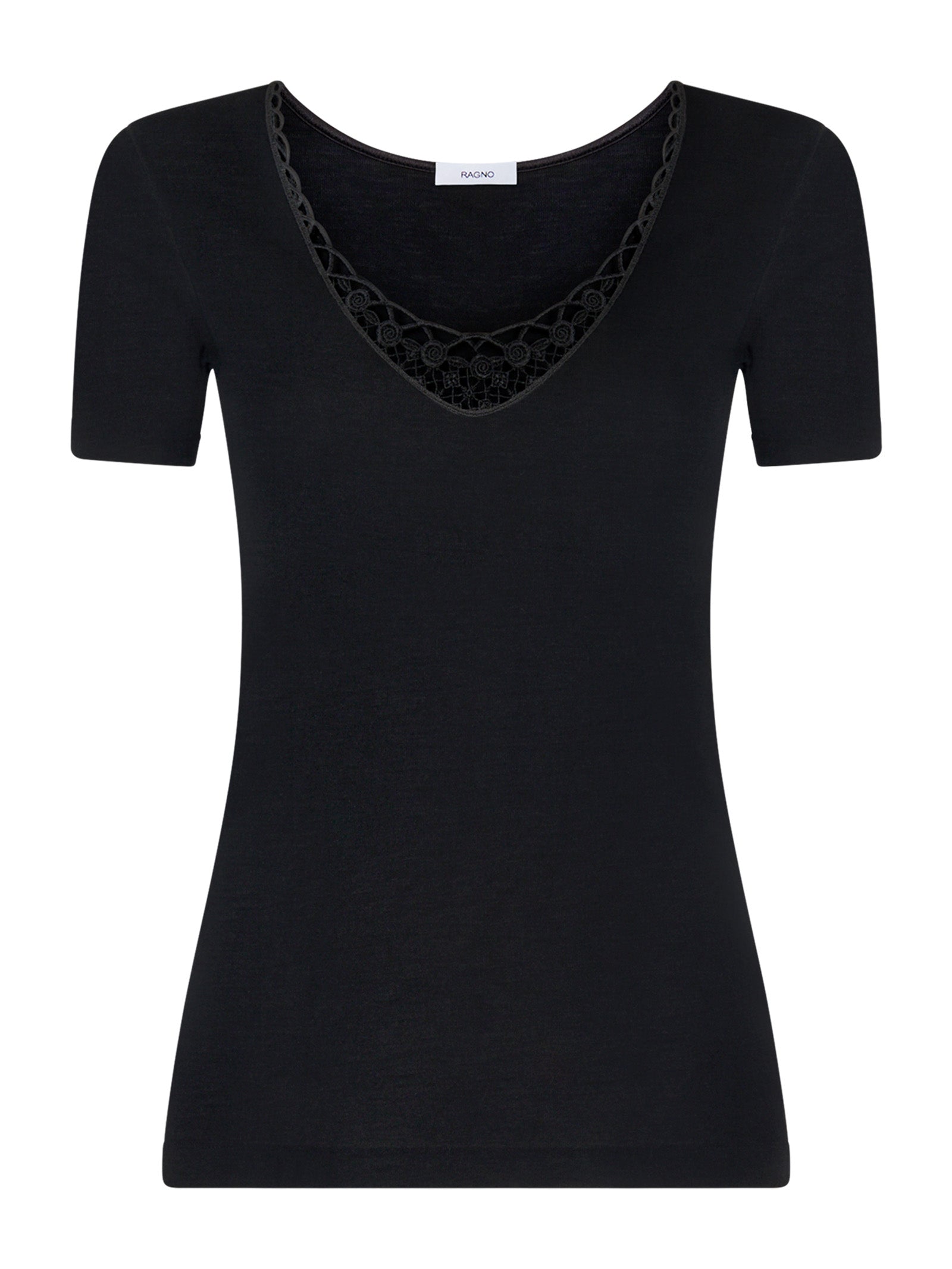 Lana Seta - Maglietta a manica corta in lana e seta con macramè Neri Donna - Ragno