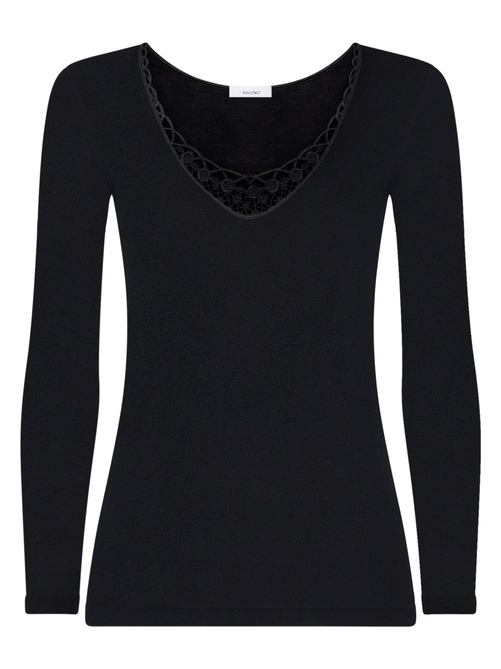 Lana Seta - Maglietta a manica lunga in lana e seta con macramè Neri Donna - Ragno