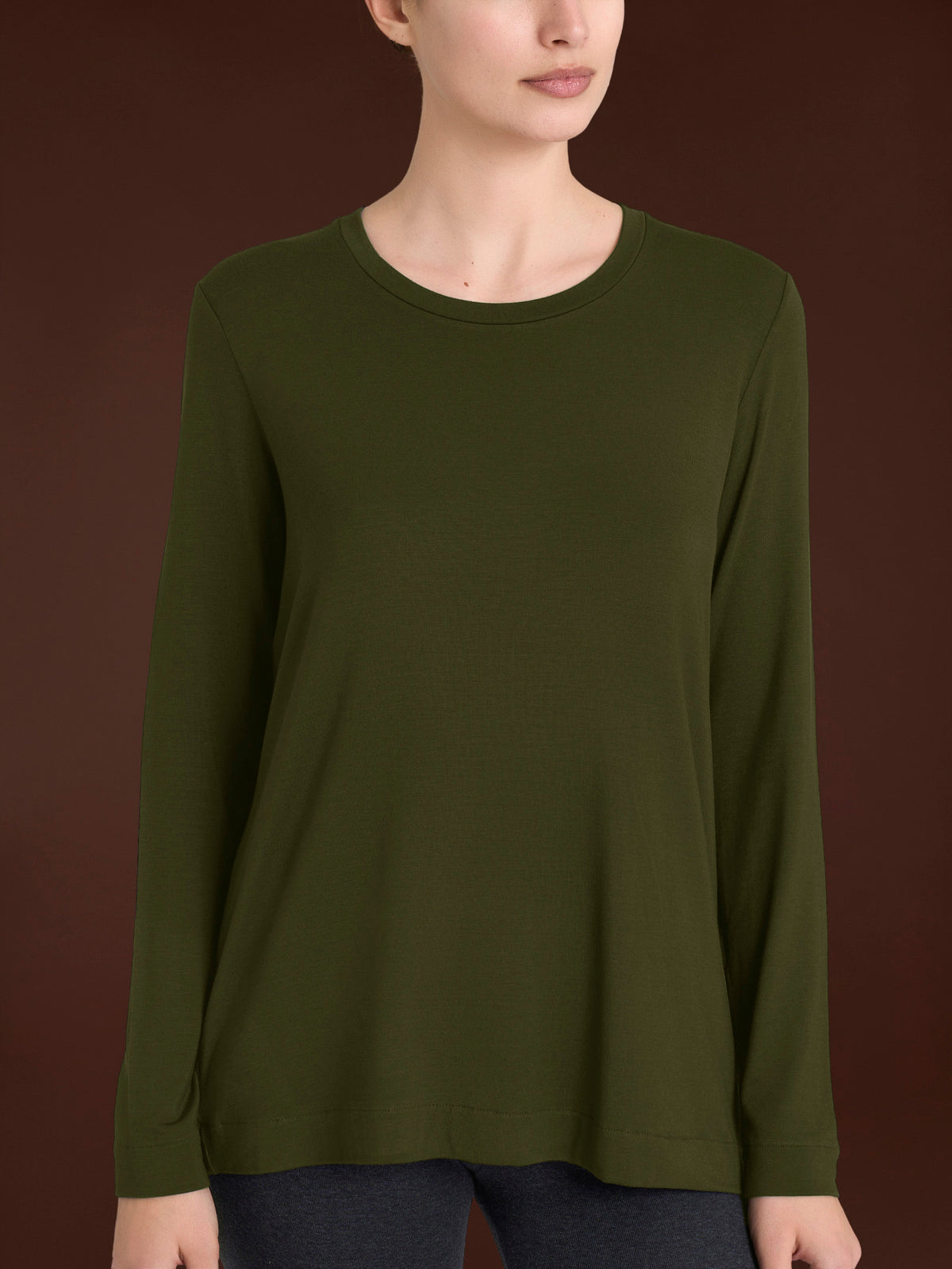 Camiseta de cuello redondo de jersey elástico de viscosa de invierno, verde, para mujer - Ragno