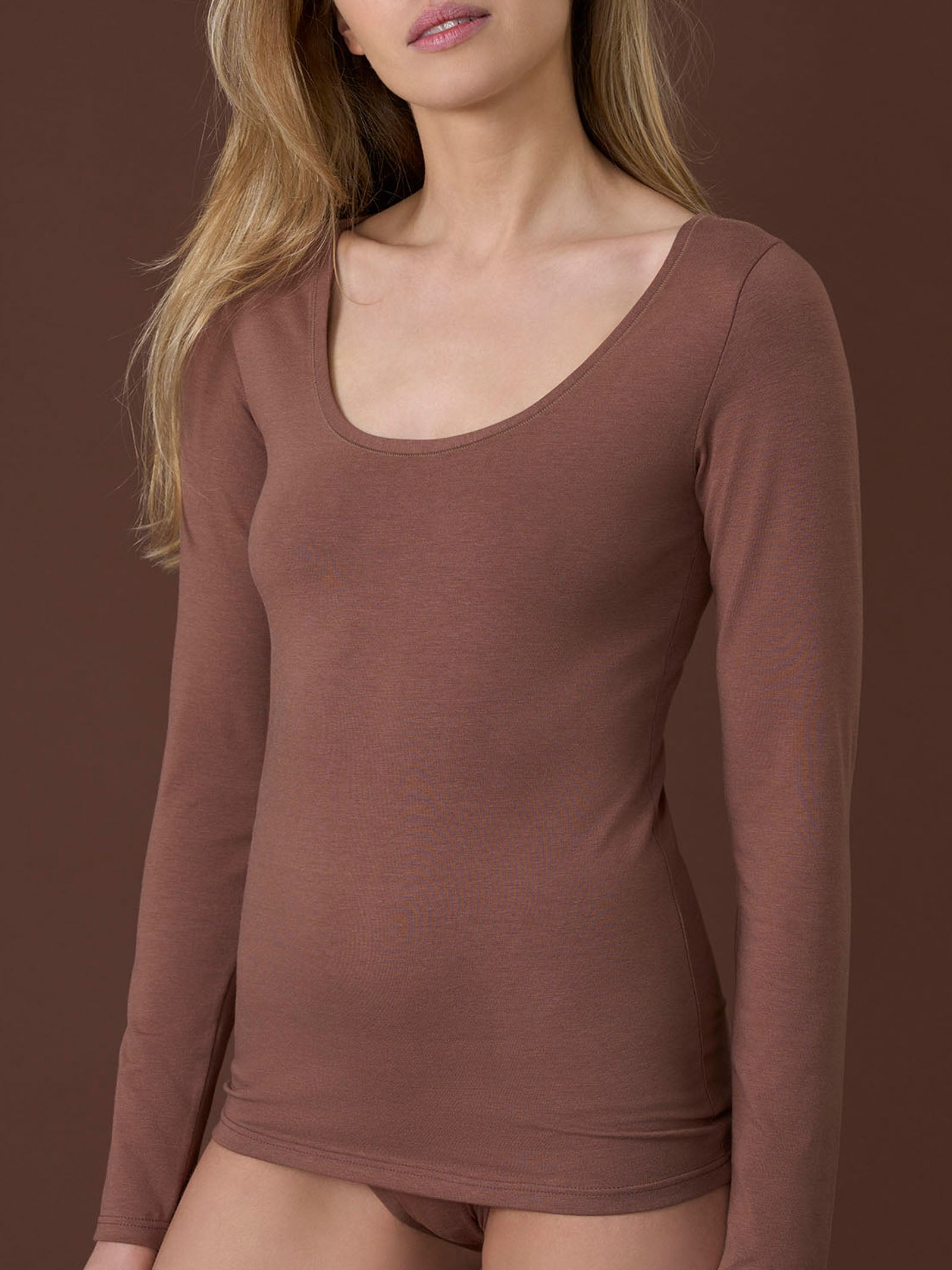 beYOUtiful - Maglietta a manica lunga in cotone elasticizzato extra fine Marroni Donna - Ragno