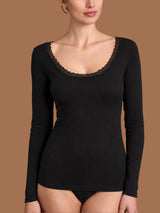 Thermo Cotton - Maglietta girocollo a manica lunga in caldo cotone Neri Donna - Ragno