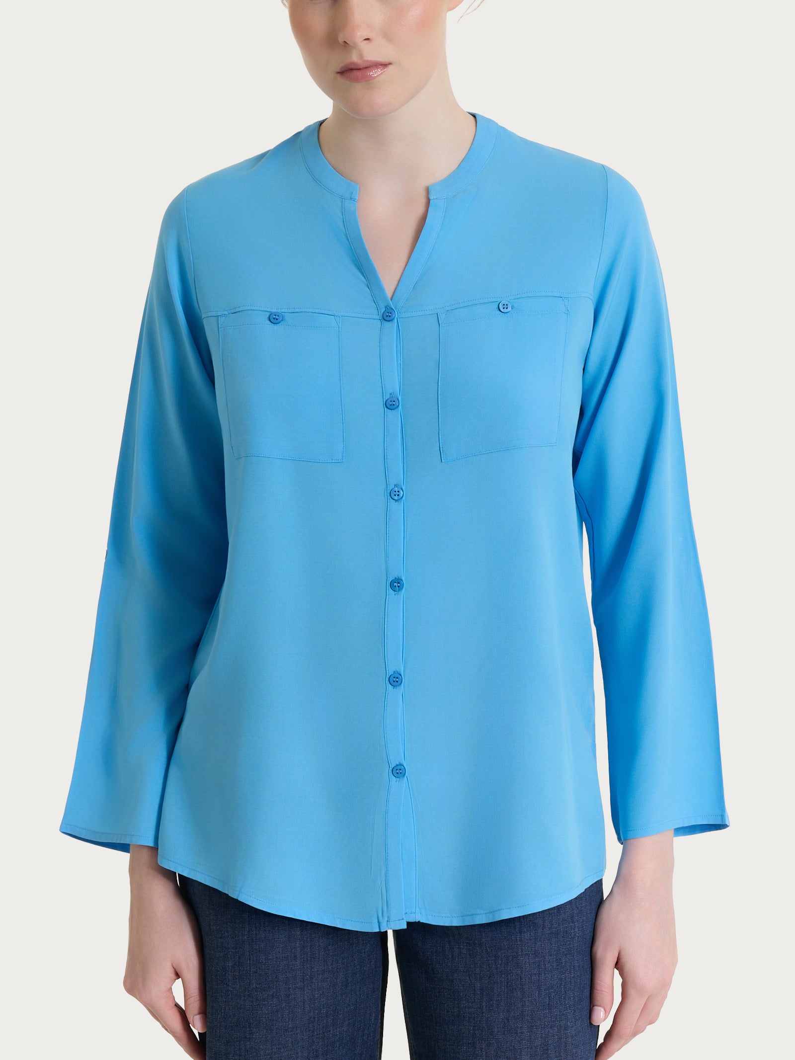 Camicia con collo alla coreana in EcoSeta Azzurri Donna - Ragno