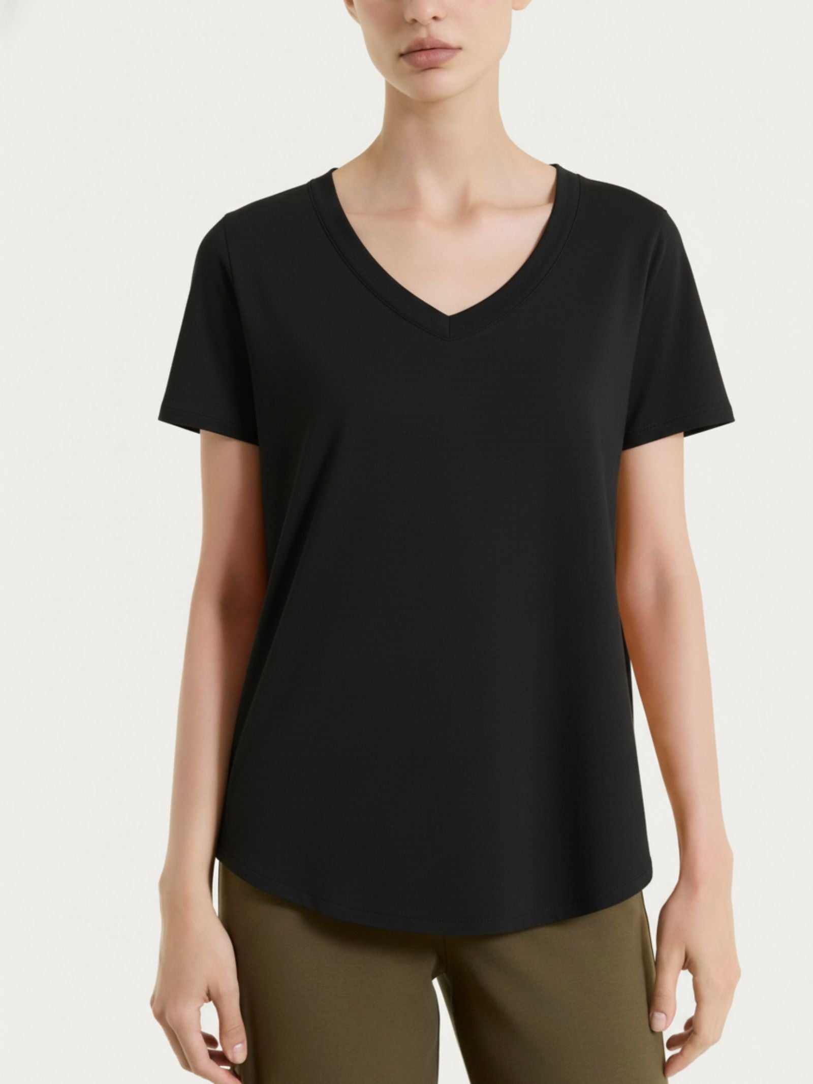 Maglietta tinta unita con scollo a V in Ultralight Neri Donna - Ragno