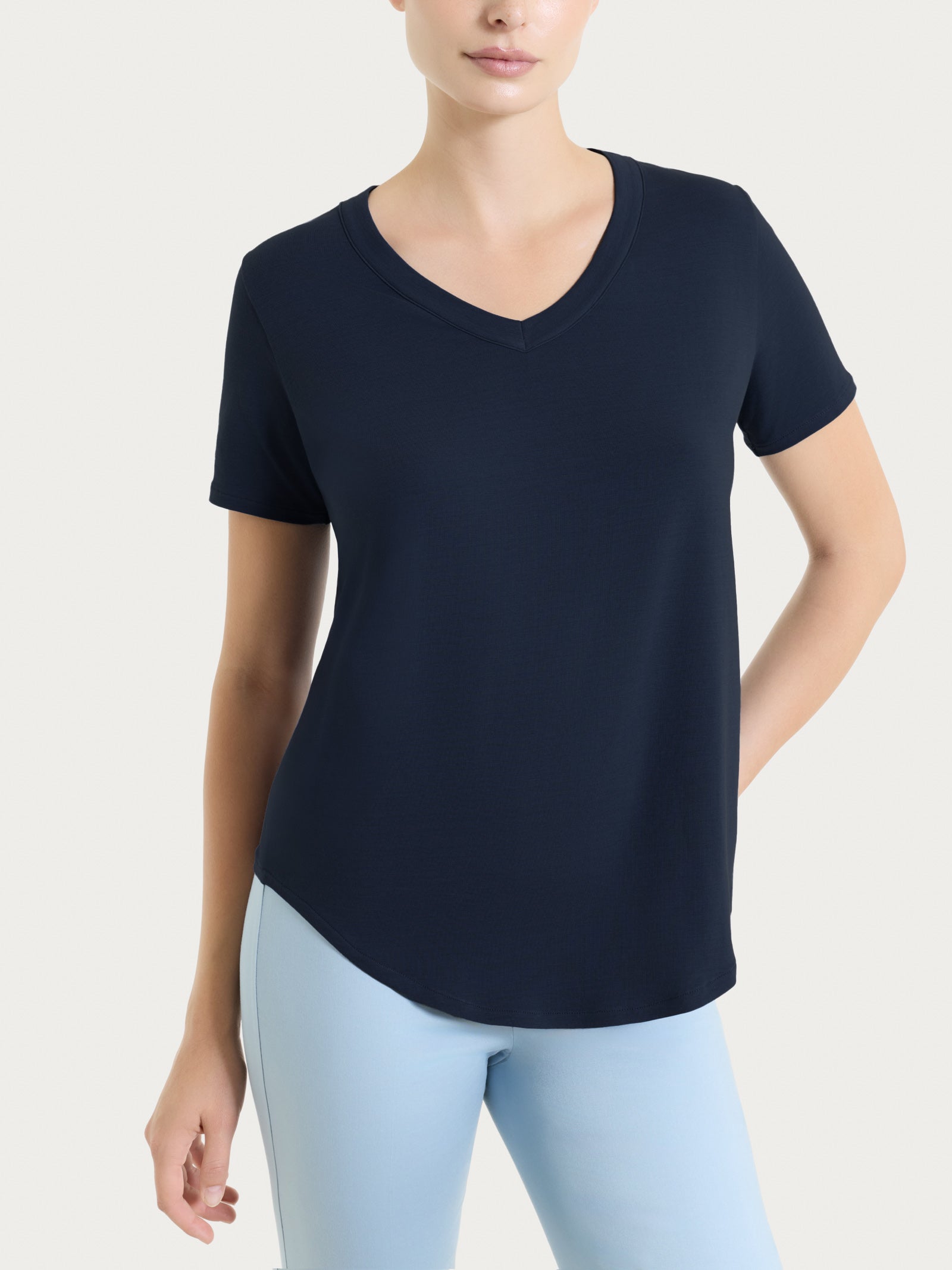 Maglietta tinta unita con scollo a V in Ultralight Blu Donna - Ragno