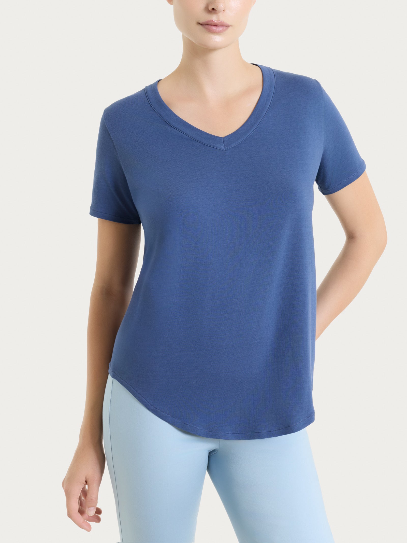 Maglietta tinta unita con scollo a V in Ultralight Blu Donna - Ragno