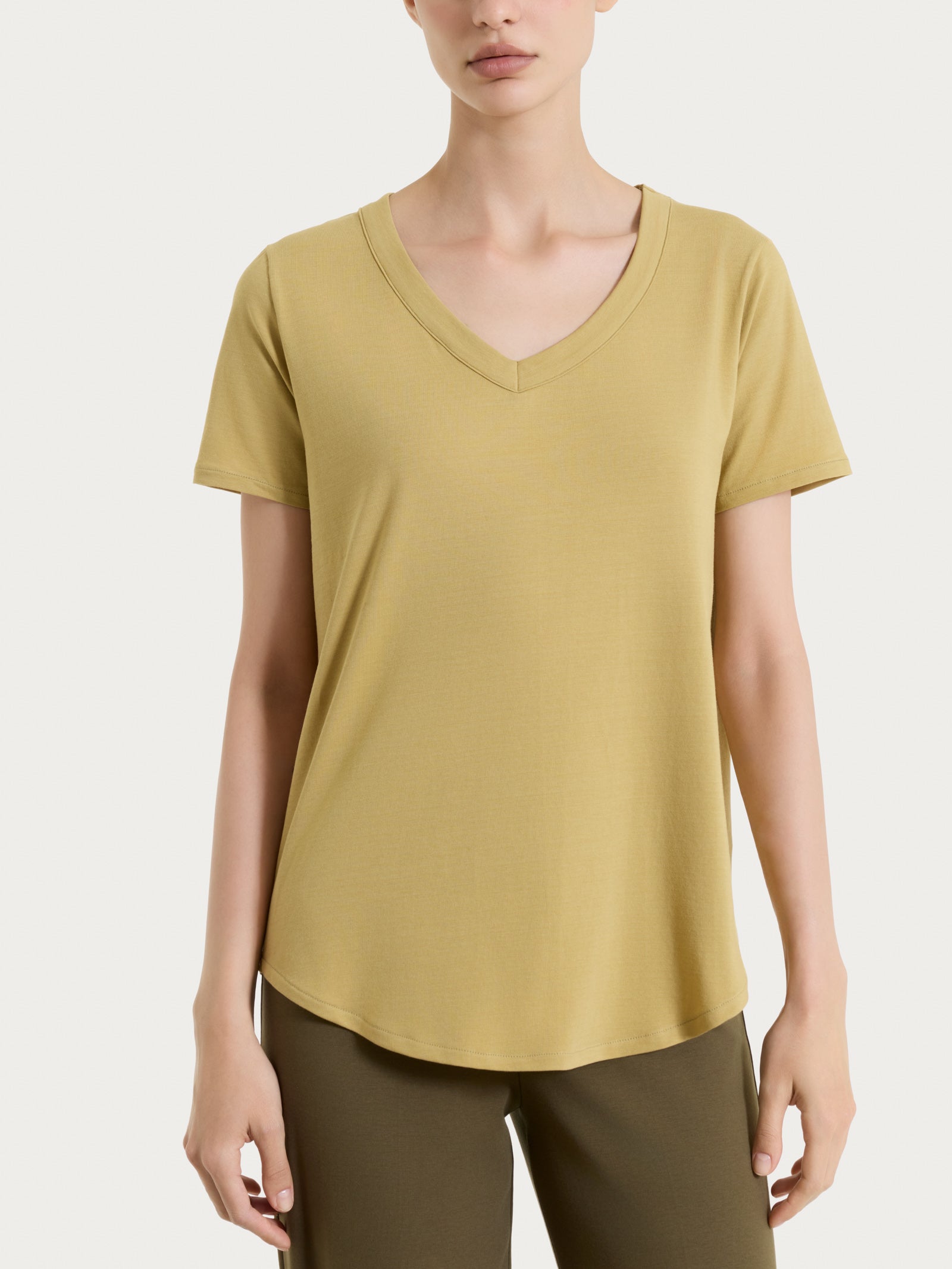 Maglietta tinta unita con scollo a V in Ultralight Verdi Donna - Ragno