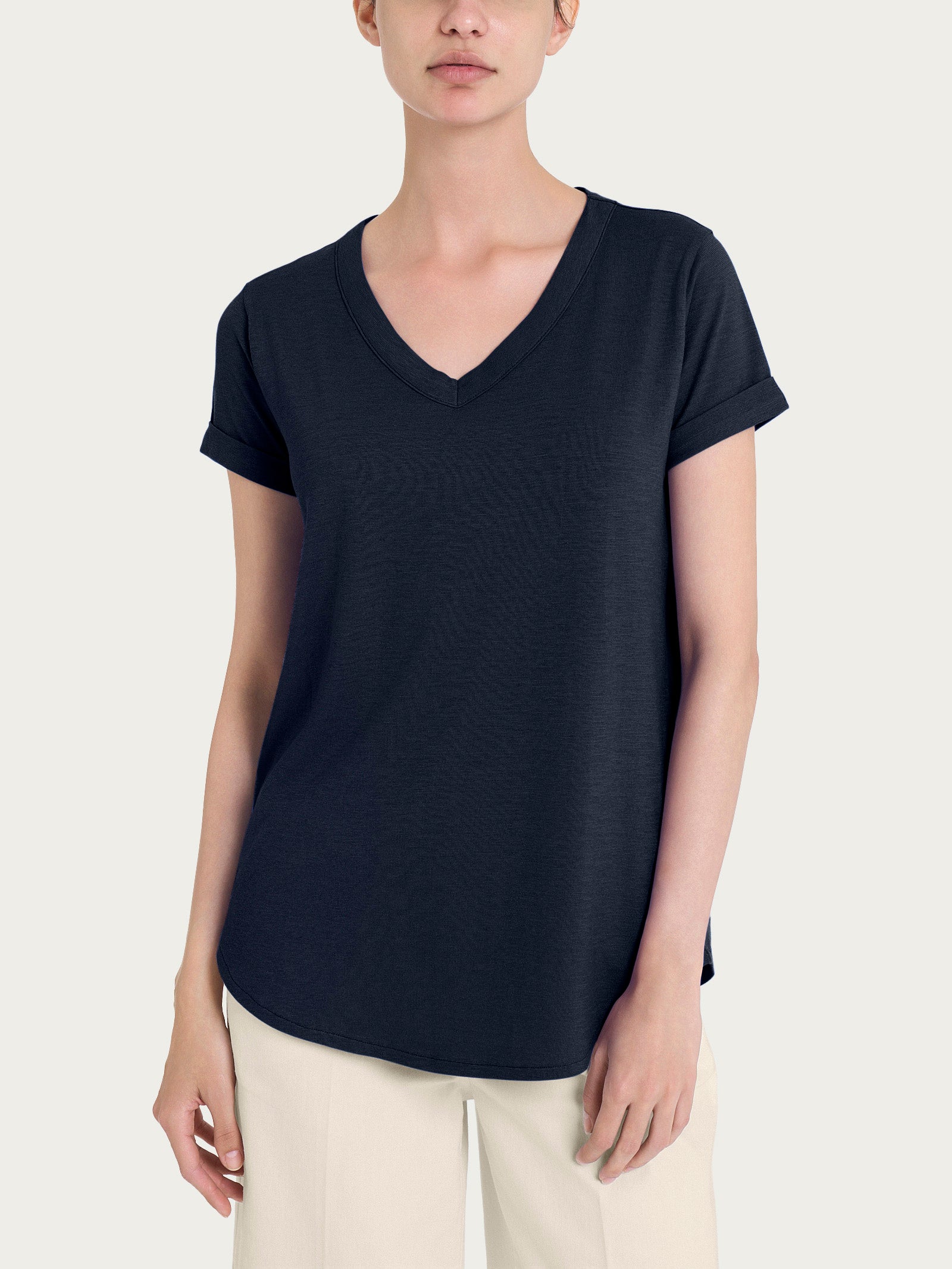 Maglietta con Scollo a V in slub jersey di cotone Blu Donna - Ragno