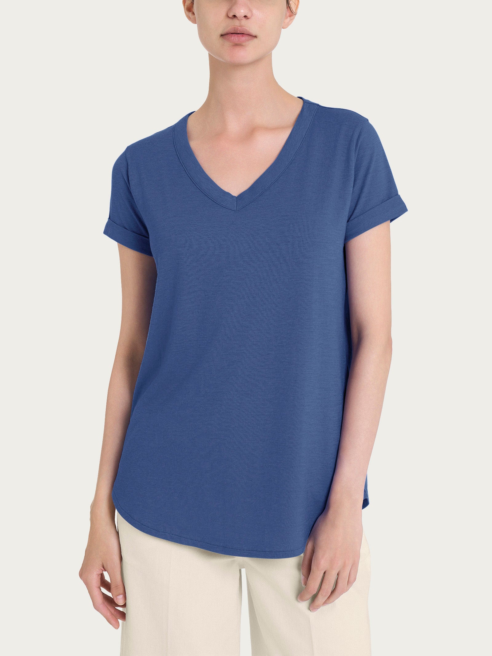 Maglietta con Scollo a V in slub jersey di cotone Blu Donna - Ragno