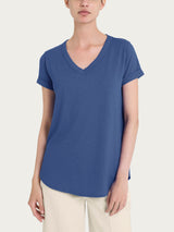 Maglietta con Scollo a V in slub jersey di cotone Blu Donna - Ragno