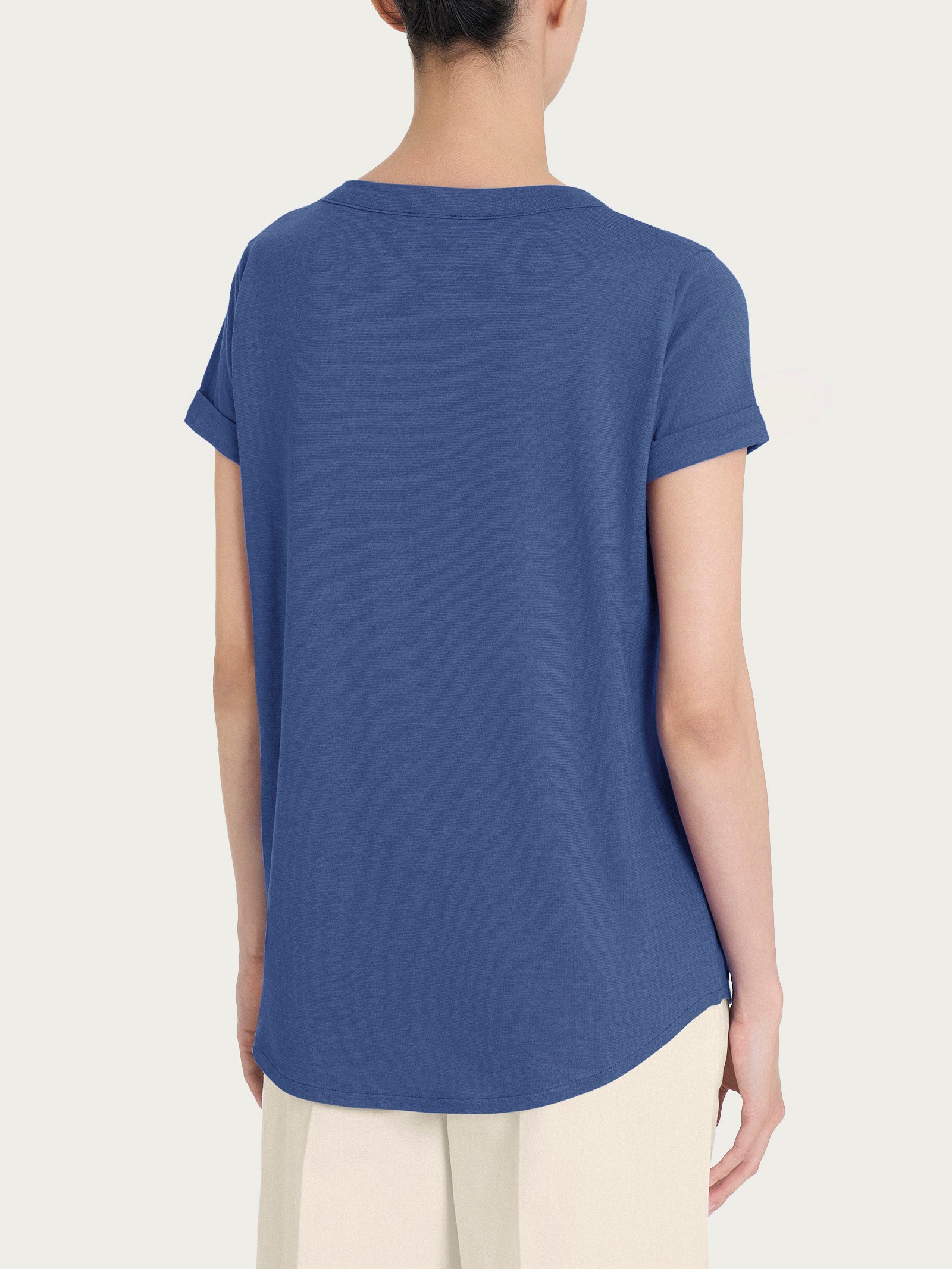 Maglietta con Scollo a V in slub jersey di cotone Blu Donna - Ragno