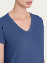 Maglietta con Scollo a V in slub jersey di cotone Blu Donna - Ragno