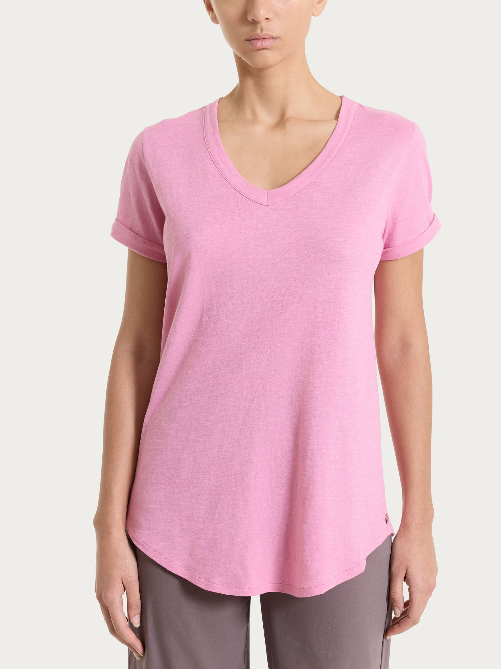 Maglietta con Scollo a V in slub jersey di cotone Rosa Donna - Ragno