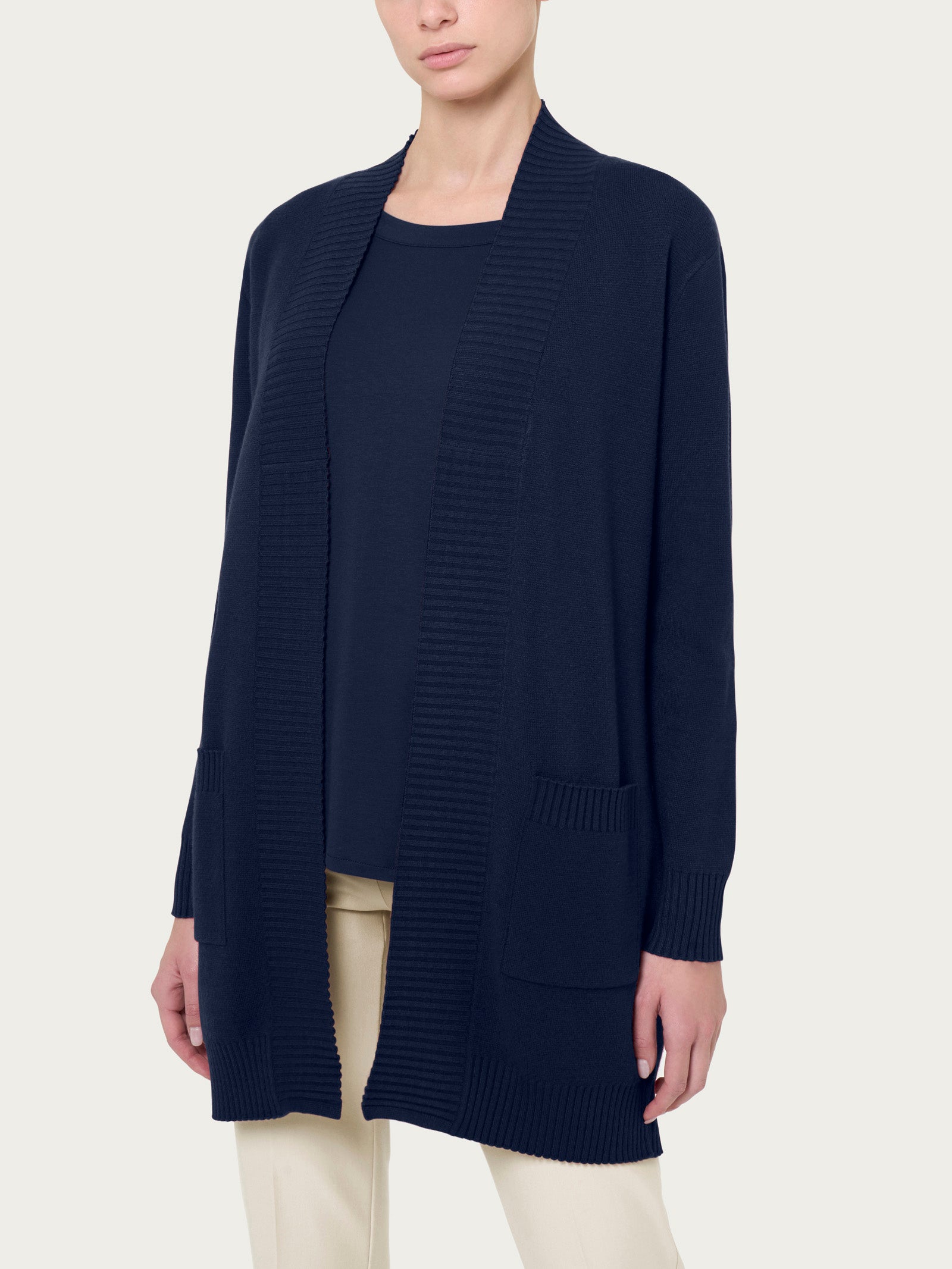Lange offene Strickjacke aus Super Soft Bleu – Ragno