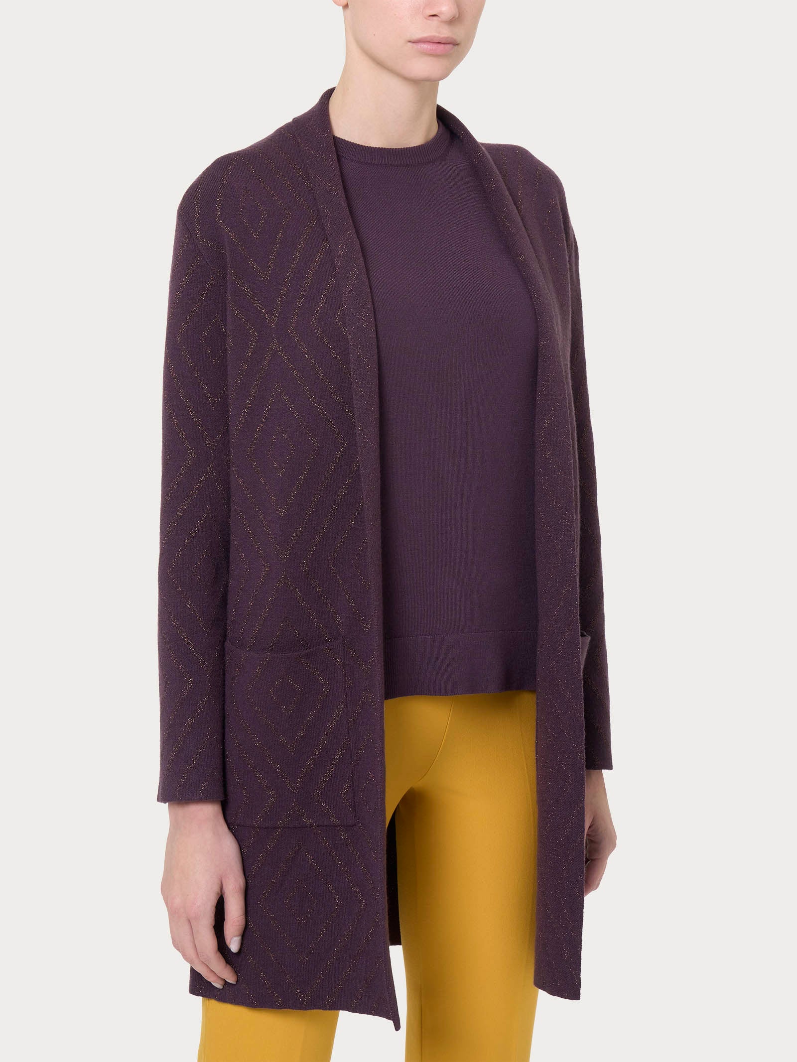 Cardigan lungo aperto con rombi in Super Soft Viola Donna - Ragno