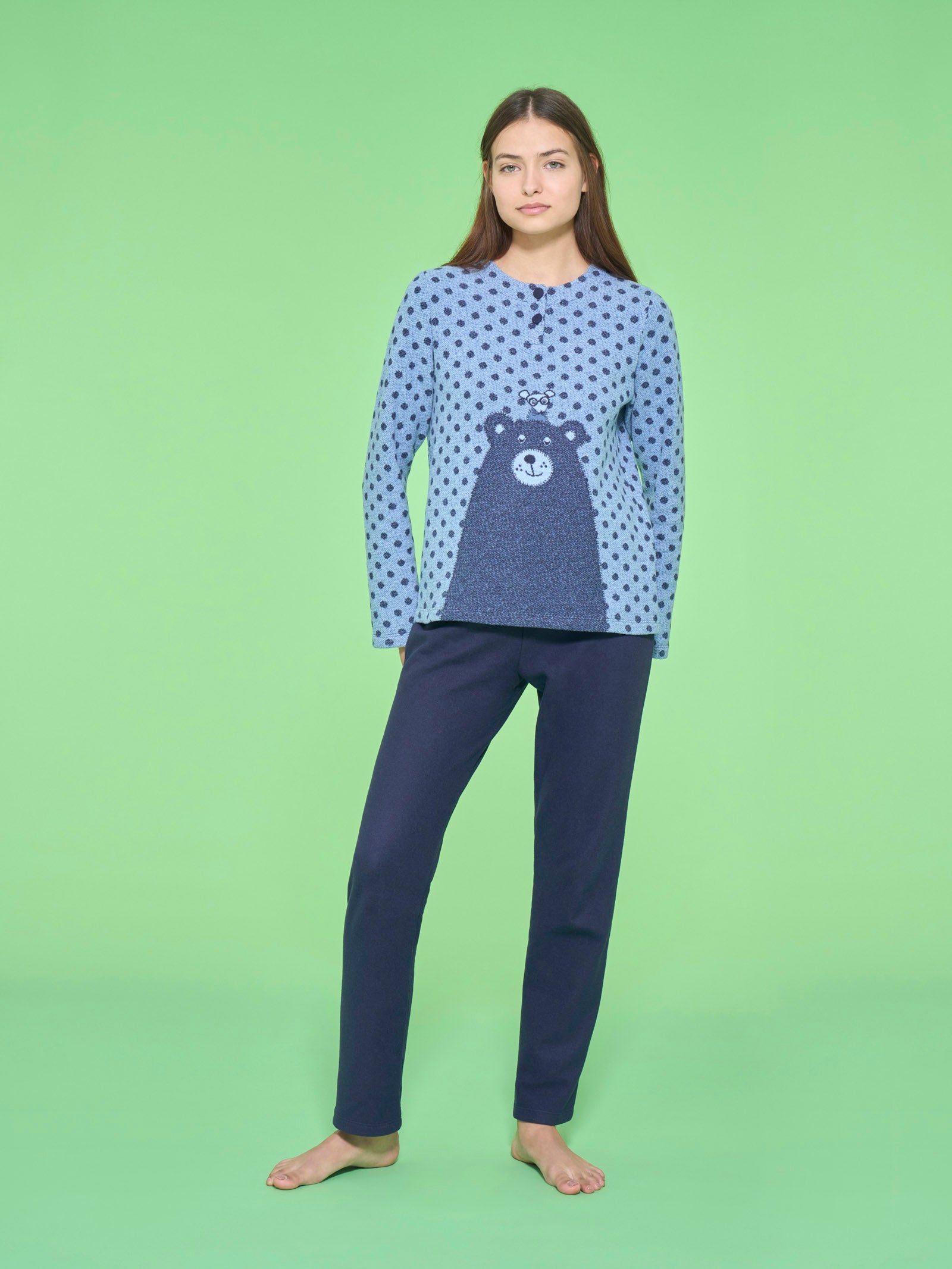 Pigiama a serafino con pois in Cotton Eco Pile -  - Ragno