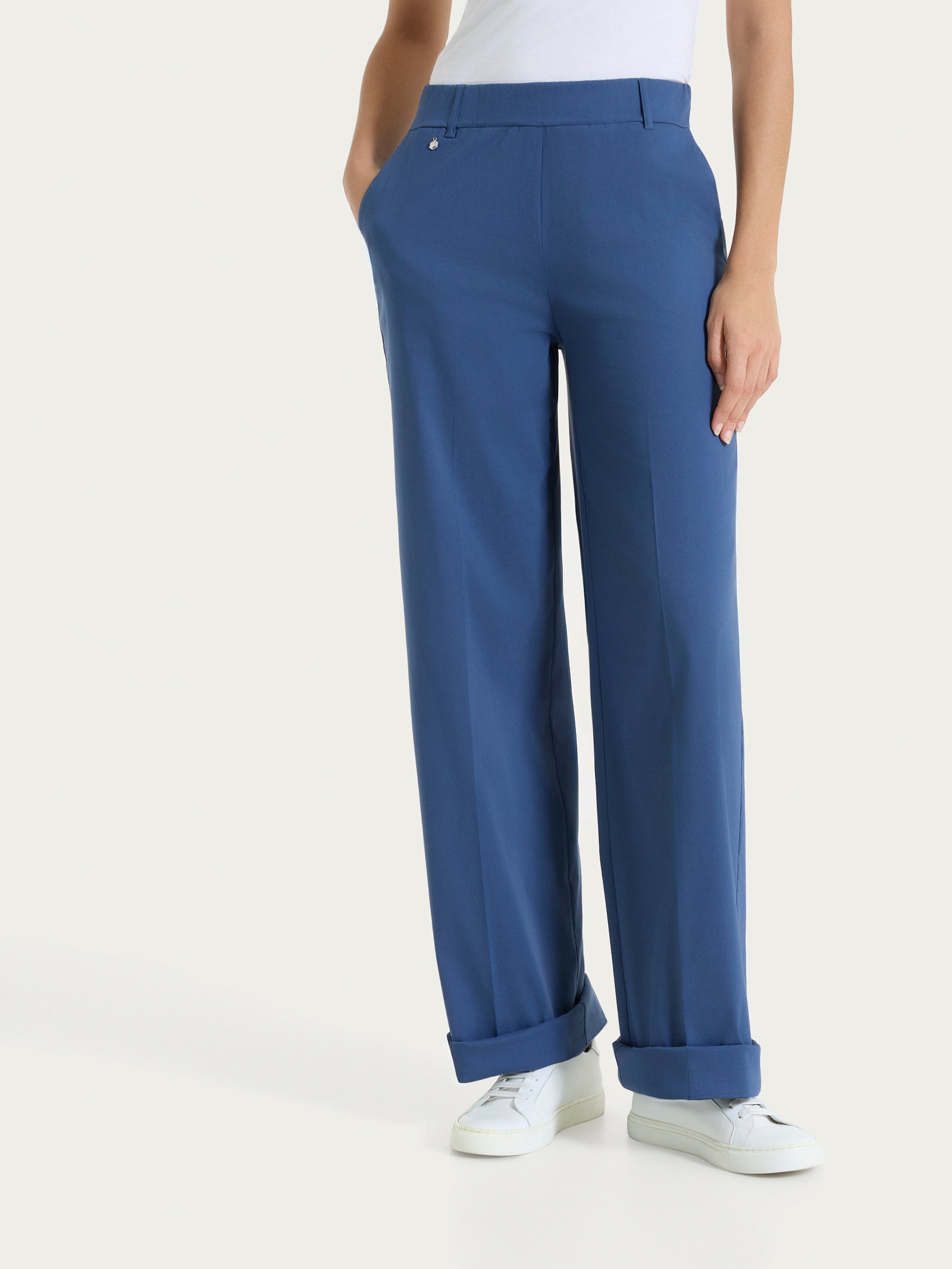 Pantalone ampio con tasche e risvolto in Super Fresh Blu Donna - Ragno