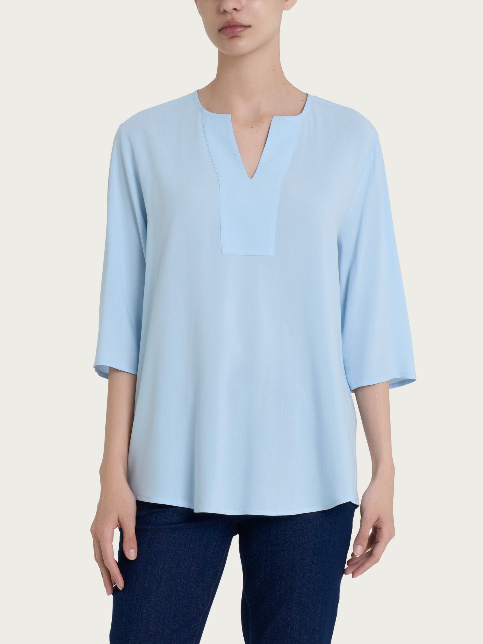 Blusa con scollo a V e manica 3/4 in Ecoseta Azzurri Donna - Ragno