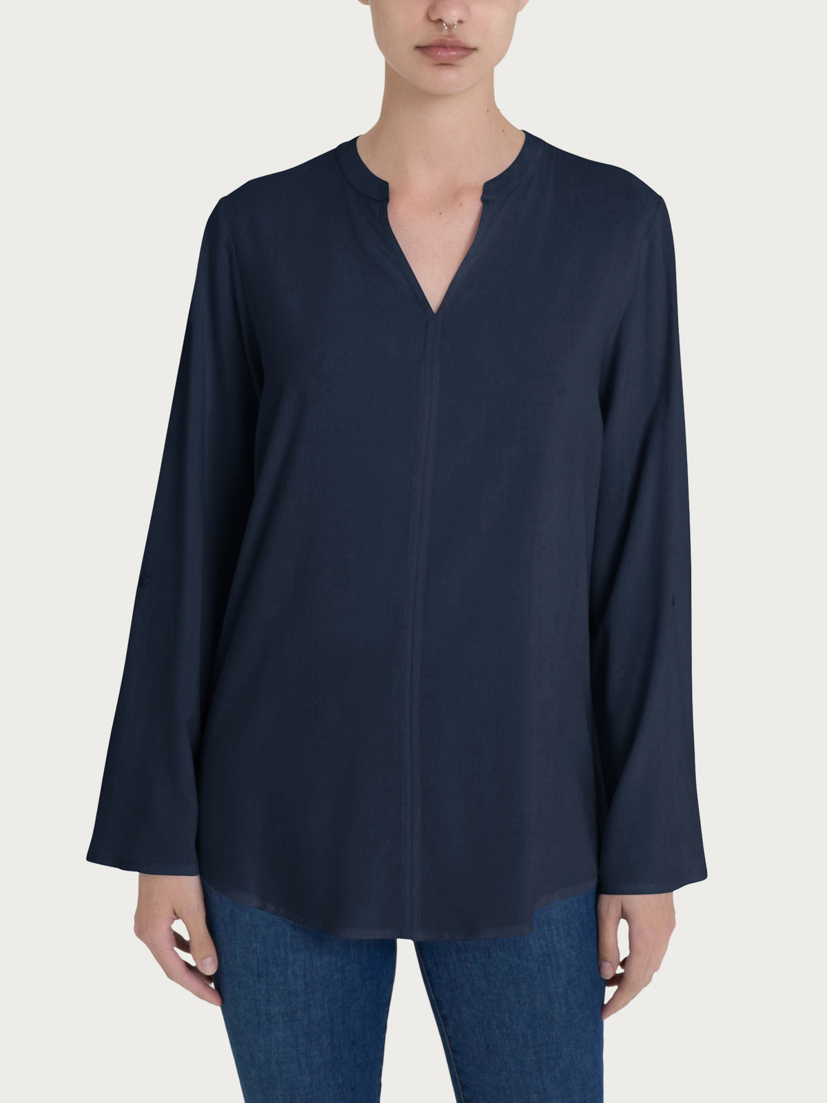 Blusa con collo alla coreana e manica risvoltabile in Voile di Viscosa Satin Blu Donna - Ragno