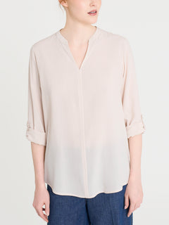 Blusa con collo alla coreana e manica risvoltabile in Voile di Viscosa Satin Bianchi Donna - Ragno
