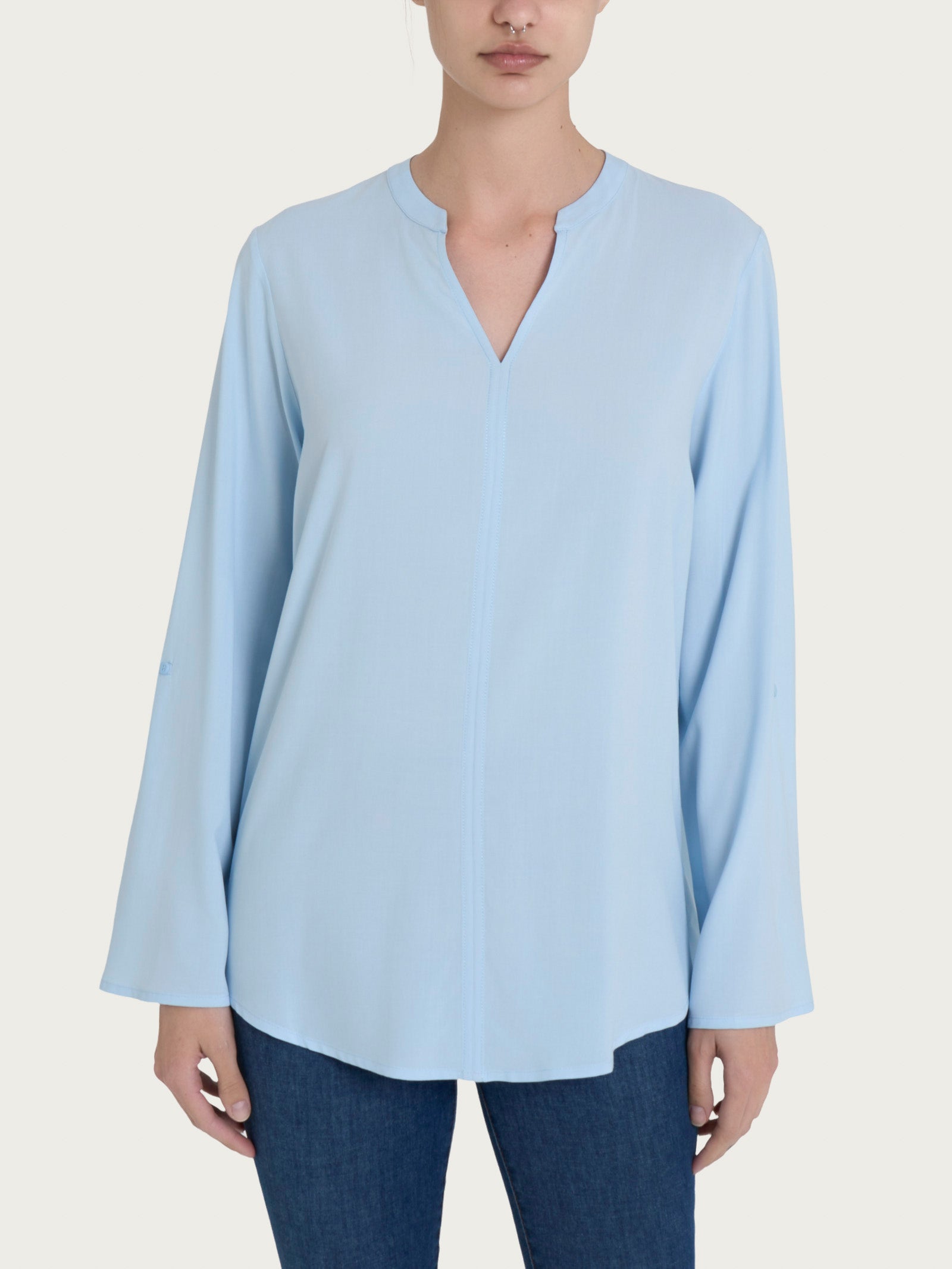 Blusa con collo alla coreana e manica risvoltabile in Ecoseta Azzurri Donna - Ragno