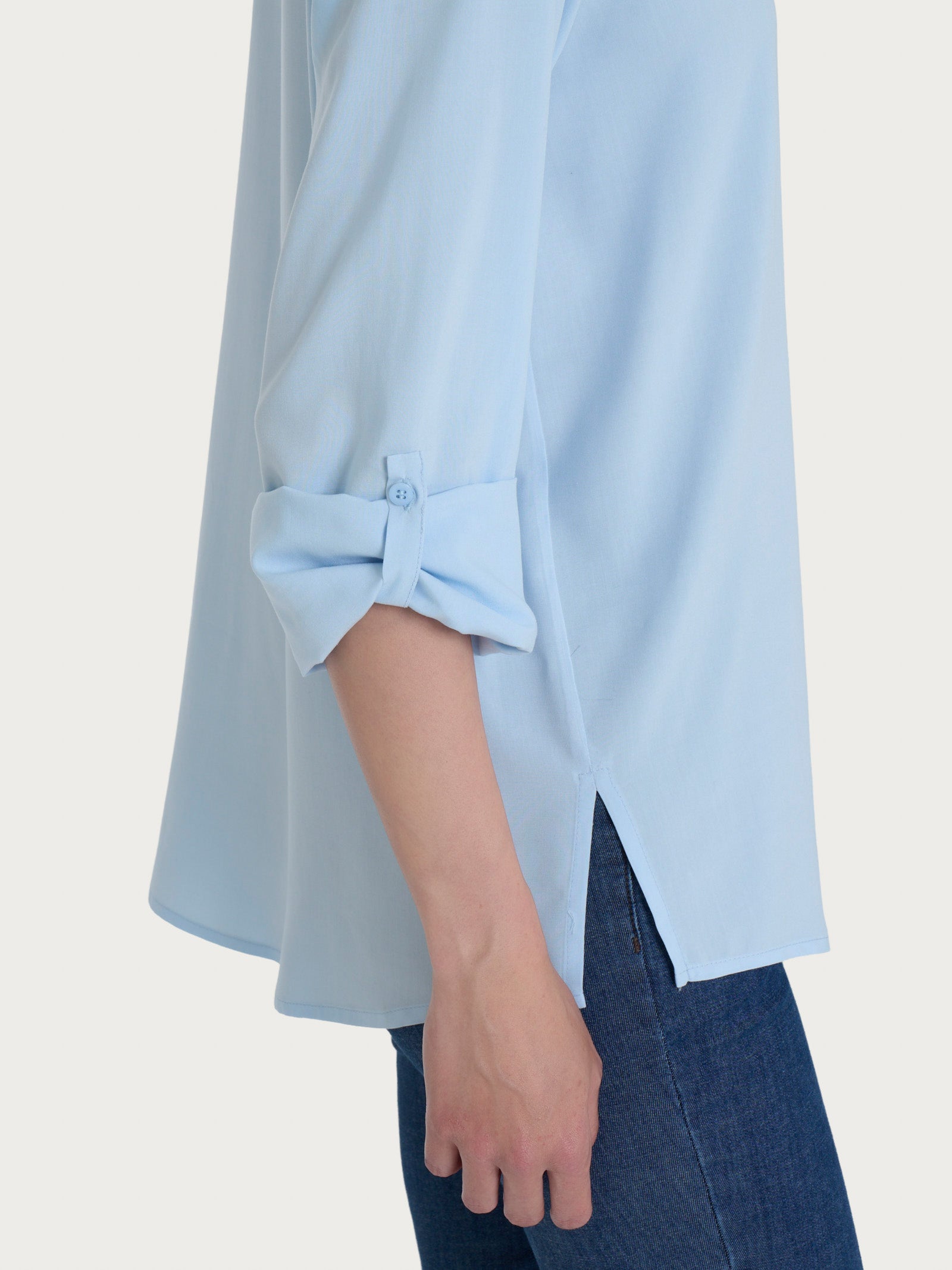 Blusa con collo alla coreana e manica risvoltabile in Ecoseta Azzurri Donna - Ragno