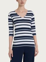 Maglietta con stripes e scollo a V in Viscosa Summer  Blu Donna - Ragno